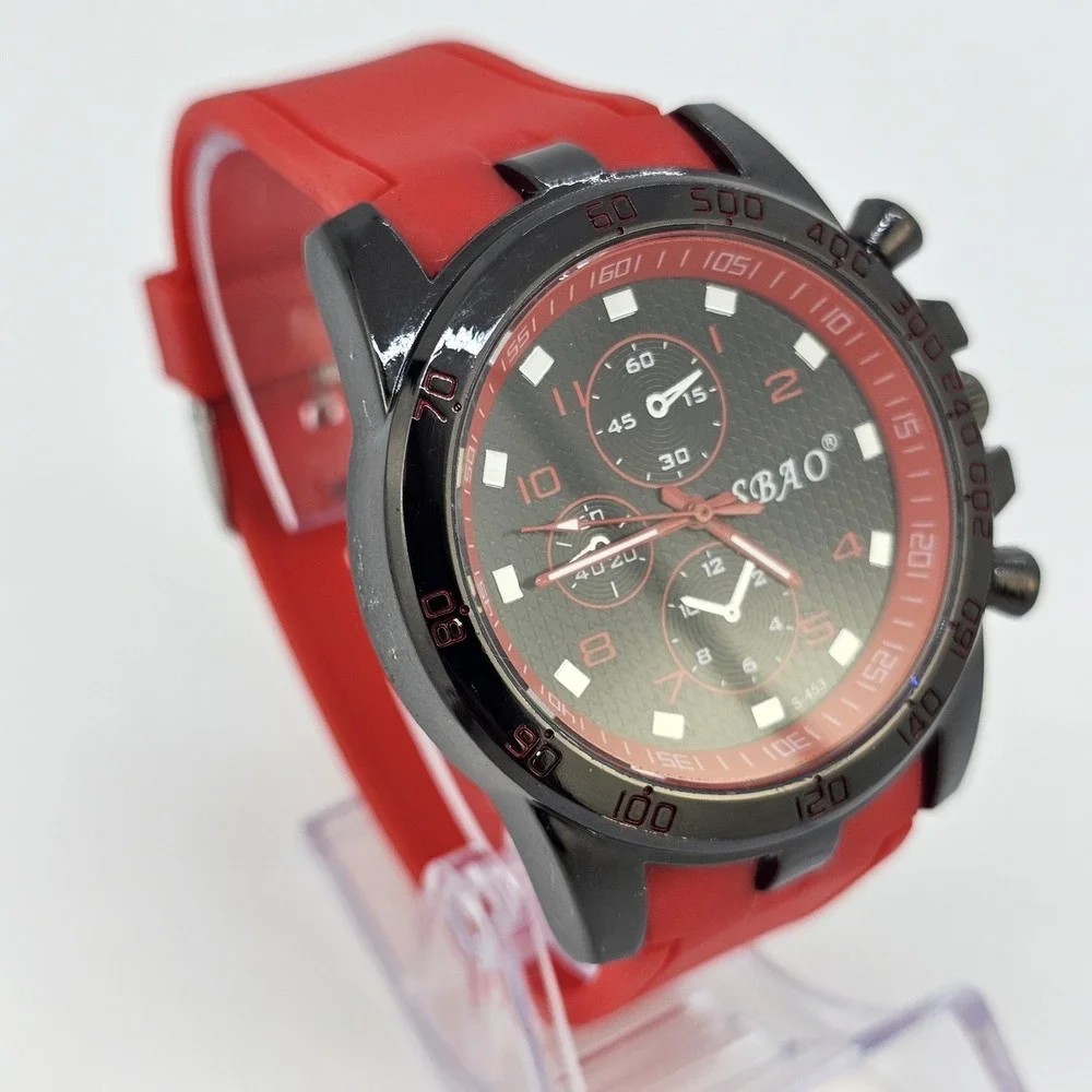 Men's‎ Analog Watch 45MM Black Dial Red Plastic Bands New Battery